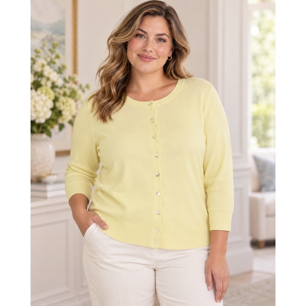 Talbots Pima Cotton Cardigan Sweater Hamptons Lime Yellow 1X Old Money Preppy
